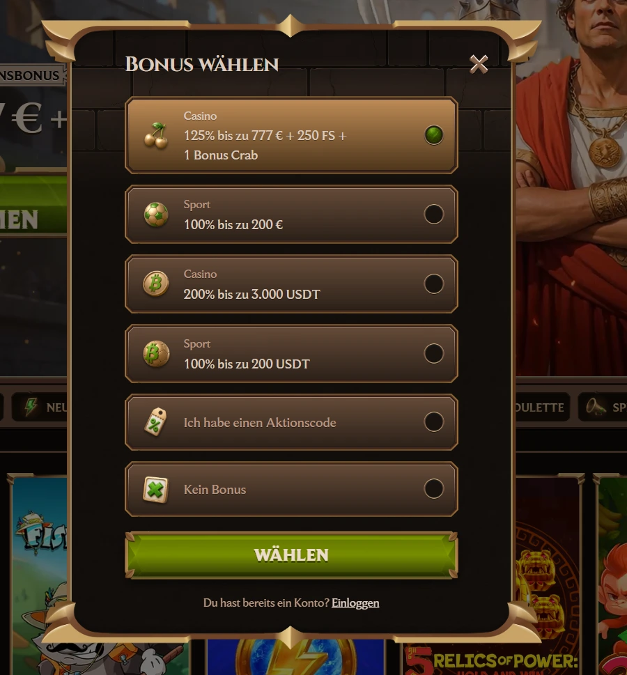 Lanista Casino Bonus Auswahl Fenster mit Casino und Sport Bonus Optionen