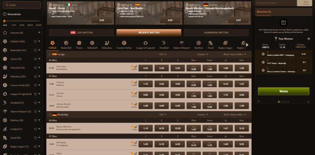 Lanista Casino Sportwetten Bereich mit Fußballquoten und verschiedenen Sportarten